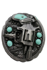 New Men Western Buckle Dark Silver Color Metal Revolver Gun Feather Bull Turquoise