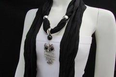 Women Black Scarf Fashionable Necklace Super Soft Fabric Owl Pendant Charm
