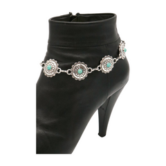 Cool Women Ethnic Silver Metal Boot Chain Bracelet Western Shoe Flower Charm Blue