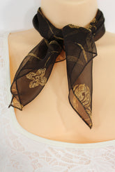 Women's Dark Brown Small Neck Tie Soft Scarf With White Flower Pocket Square