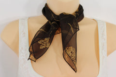 Women's Dark Brown Small Neck Tie Soft Scarf With White Flower Pocket Square