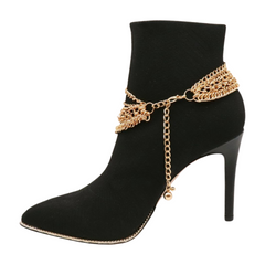 Fun Women Boot Bracelet Wrap Around Gold Metal Chain Anklet Shoe Charm Multi Strands
