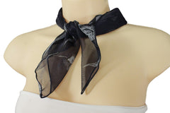 New Women Mini Sheer Pocket Square Scarf Neck Warmer Head Cover Navy Blue Floral