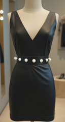 Women Black Faux Leather Dance Elegant Party Belt Imitation Pearl Beads Size S M