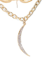 Brand New Layered Gold Tone Chain Necklace for Women, Chunky Mixed Link Statement Jewelry with Rhinestone Crescent Moon Charm, Adjustable 14-17 Inch, WN58