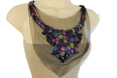 Brand New Women Boho Black Mesh Necklace Beaded Bib Satin Ribbon Tie - WN42
