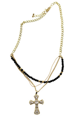 Brand New Layered Cross Necklace for Women, Gold Tone Multi Strand Chain with Black Beads and Clear Rhinestone Pendant, WN59 (Copy)