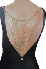 Gold Tone Rhinestone Waterfall Back Necklace, Open Back Wedding Dress Jewelry, Layered Bridal Back Chain, Clear Teardrop Drop WN80
