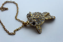 Brand New Women Nautical Fish Pendant Necklace Gold Tone Chain Rhinestones - WN36
