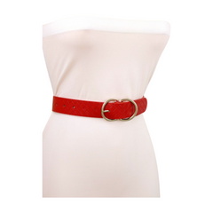 Women Red Basket Weave Faux Leather Hip Waist Belt Gold Metal Buckle Size S M