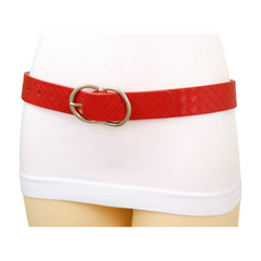 Women Red Basket Weave Faux Leather Hip Waist Belt Gold Metal Buckle Size S M