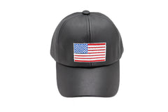 Brand New Adult Unisex Black Ball Cap With American Flag Patch Adjustable Faux Leather Style Hat M16