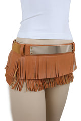 Brown Wide Faux Leather Wrap Around Skirt Tie Fringes Belt Gold Metal S M