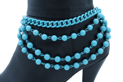Women Turquoise Light Blue Metal Chain Boot Bracelet Anklet Shoe Balls Charm Jewelry