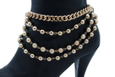 Women Gold Metal Western Boot Chain Bracelet Anklet Shoe Bling Waves Balls Charm One Size