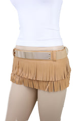 Beige Faux Leather Wrap Around Skirt Tie Fringes Belt Gold Metal Size S M