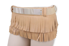 Beige Faux Leather Wrap Around Skirt Tie Fringes Belt Gold Metal Size S M