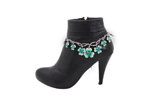 Silver Metal Chain Boot Bracelet Shoe Bright Baby Blue Clover Flower Charm