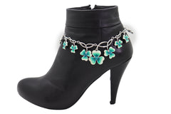 Silver Metal Chain Boot Bracelet Shoe Bright Baby Blue Clover Flower Charm