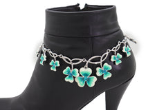 Silver Metal Chain Boot Bracelet Shoe Bright Baby Blue Clover Flower Charm