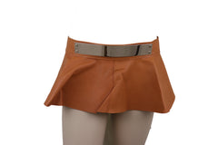 Beige Faux Leather Waistband Wrap Around Skirt Tie Belt Gold Metal Plate Size S M