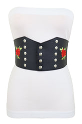 Wide Black Faux Leather Fashion Elastic Corset Belt Red Rose Flower S M