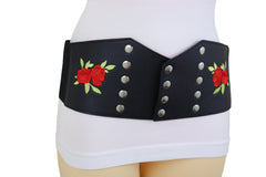 Wide Black Faux Leather Fashion Elastic Corset Belt Red Rose Flower S M