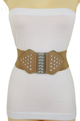 Wide Elastic Waistband Mocha Brown Fashion Belt Bow Bling Buckle Size S M