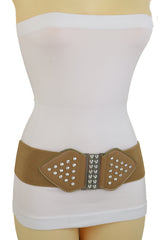 Wide Elastic Waistband Mocha Brown Fashion Belt Bow Bling Buckle Size S M