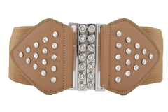 Wide Elastic Waistband Mocha Brown Fashion Belt Bow Bling Buckle Size S M