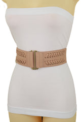 Pastel Pink Stripes Arrow Faux Leather Elastic Belt Gold Buckle Size S M