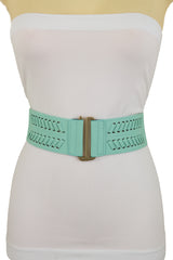 Women Pastel Bright Blue Aqua Mint Color Stripes Arrow Elastic Band Fashion Belt Gold Buckle S M