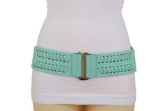 Women Pastel Bright Blue Aqua Mint Color Stripes Arrow Elastic Band Fashion Belt Gold Buckle S M