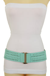 Women Pastel Bright Blue Aqua Mint Color Stripes Arrow Elastic Band Fashion Belt Gold Buckle S M