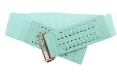 Women Pastel Bright Blue Aqua Mint Color Stripes Arrow Elastic Band Fashion Belt Gold Buckle S M