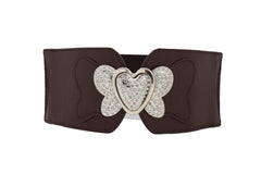 Silver Metal Heart Buckle Hip Waist Fashion Dark Brown Stretch Belt S M