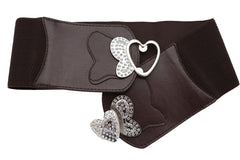Silver Metal Heart Buckle Hip Waist Fashion Dark Brown Stretch Belt S M
