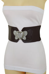 Silver Metal Heart Buckle Hip Waist Fashion Dark Brown Stretch Belt S M