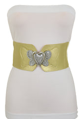 Stretch Wide Gold Color Waistband High Waist Hip Belt Silver Heart Buckle S M