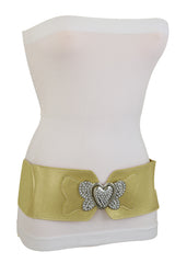 Stretch Wide Gold Color Waistband High Waist Hip Belt Silver Heart Buckle S M