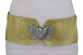 Stretch Wide Gold Color Waistband High Waist Hip Belt Silver Heart Buckle S M