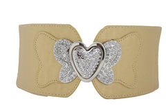 Stretch Wide Gold Color Waistband High Waist Hip Belt Silver Heart Buckle S M