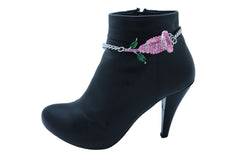 Women Silver Metal Chain Collection Boot Bracelet Shoe Pink Flower Elegant Charm One Size