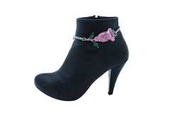 Women Silver Metal Chain Collection Boot Bracelet Shoe Pink Flower Elegant Charm One Size