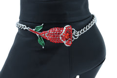 Women Silver Metal Chain Boot Bracelet Heel Shoe Anklet Red Flower Bling Charm One Size