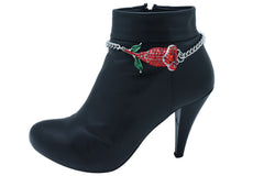 Women Silver Metal Chain Boot Bracelet Heel Shoe Anklet Red Flower Bling Charm One Size
