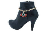 Women Gold Metal Chain Boot Bracelet Anklet Shoe Red JOY Charm Christmas Jewelry Adjustable One Size