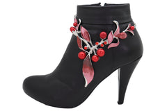 Silver Metal Boot Chain Bracelet Western Shoe Charm Jewelry Hot Red Flower