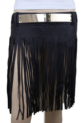 Black Wrap Around Long Skirt Faux Leather Fashion Belt Gold Metal Size S M