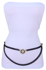 Black Metal Wave Chain Belt With Rhinestone Lion Medallion